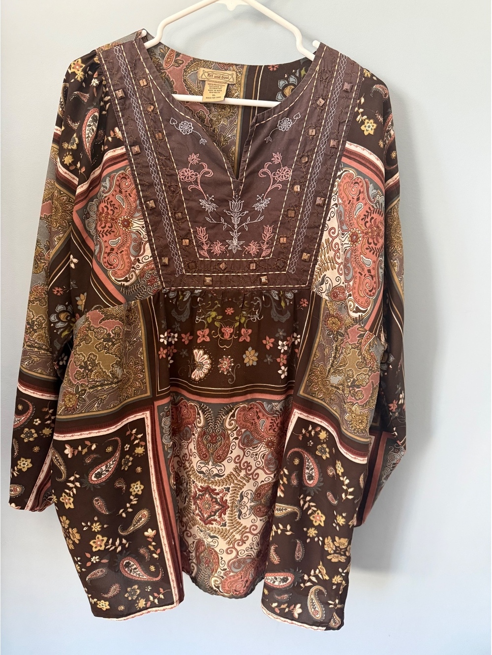 Art and Soul XL Brown Paisley Print Long Sleeve Boho Blouse